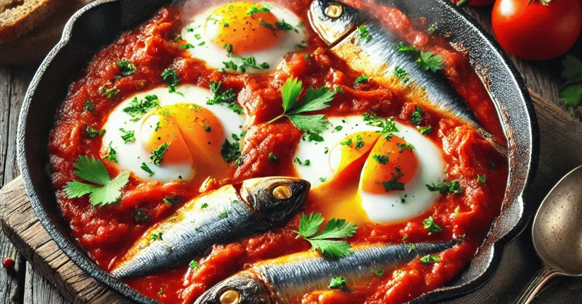 "Smoked Herring Fish Shakshuka in a cast-iron skillet with poached eggs and a rich tomato sauce"