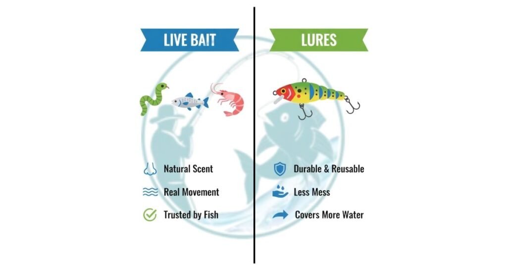Fishing Bait | How to Pick the Right Bait for Every Fish An infographic comparing the pros of Live Bait vs. Lures. Live Bait offers natural scent and movement. Lures are durable, less messy, and cover more water.