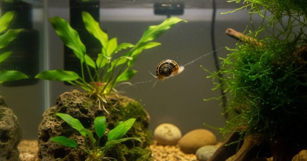 Nerite Snails: Algae Problem? Meet Your Cleaner Planted freshwater aquarium with Nerite snails on the glass and lush aquatic plants, highlighting aquarium cleaners.