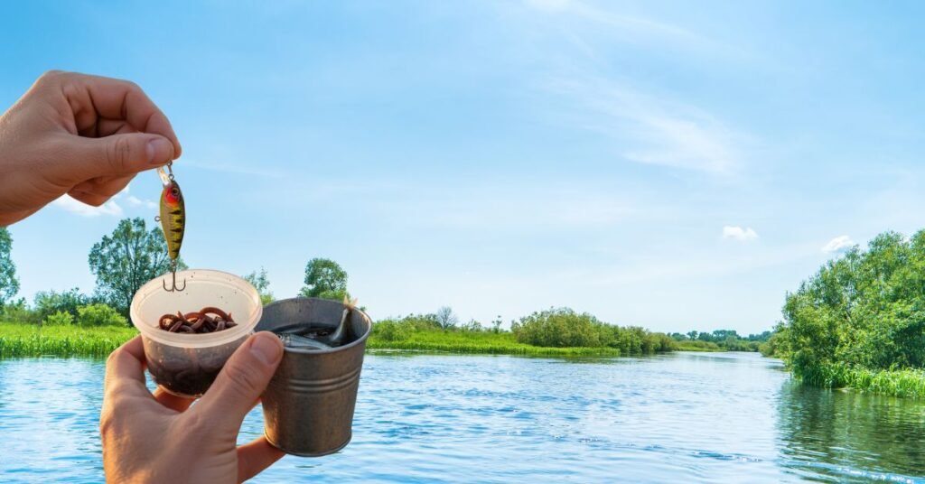 Fishing Bait | How to Pick the Right Bait for Every Fish for 2025 An angler choosing the best fishing bait; one hand holds a lure while the other holds live bait options of worms and minnows, with a calm lake in the background.