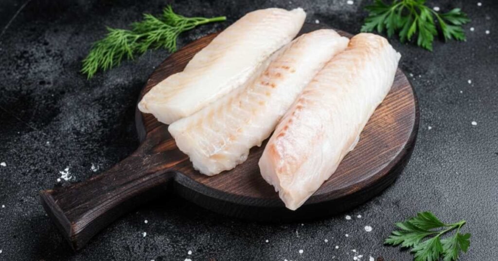 Fresh raw cod fillet on a cutting board for a healthy meal